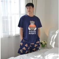YUNWUXIN夏季情侣大码字母熊睡衣男短袖短裤卡通棉家居服套装胖MM200斤睡衣