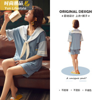 YUNWUXIN夏天网红日系学院风蓝色家居服两件套装睡衣女士夏季薄款短袖棉睡衣