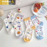 YUNWUXIN插画小熊花边春秋袜子女中筒袜学生可爱日系百搭卡通棉韩版薄款袜子