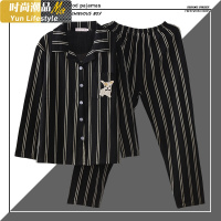 YUNWUXIN棉蔡徐坤同款情侣睡衣男女生春秋季长袖黑色条纹韩国个性时尚睡衣