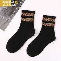 YUNWUXIN豹纹袜子女士拼色韩国条纹棉黑色高腰秋冬季性感豹纹两条杠袜子袜子