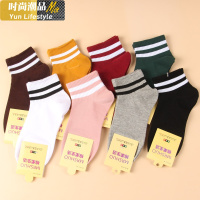YUNWUXIN女士棉短袜学院风百搭船袜日系韩版个性潮流运动袜2道杠春夏薄袜子