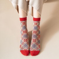 YUNWUXIN本命年红袜子女中筒袜复古棉千鸟格高腰袜大红色结婚新娘新年袜袜子