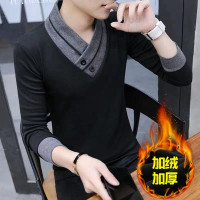 BaLuoShang秋冬季V领内穿打底衫加绒加厚长袖T恤男士个性半高领保暖上衣休闲毛衣