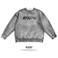 BaLuoShang[特价]自制秋冬条纹印花毛衣男潮牌日系港风宽松情侣装外套毛衣