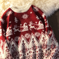 BaLuoShangJew4room红色圣诞节毛衣慵懒风圣诞风主题麋鹿情侣秋冬宽松解构风毛衣