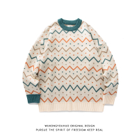 BaLuoShang复古拼色线条圆领毛衣男潮牌宽松bf学院风情侣套头针织衫毛衣