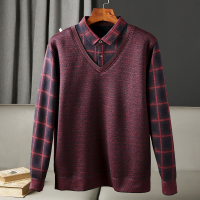 BaLuoShang送老爸倍有面儿 男式格子拼接假两件加绒加厚保暖长袖针织衫毛衣毛衣