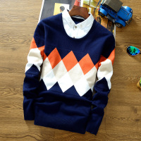 BaLuoShang男士衬衫领假两件套学生针织衫毛衣青少年韩版男装修身格子毛线衣毛衣