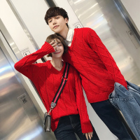 BaLuoShang冬装毛衣情侣装扭花V领针织衫男女式毛线衣麻花保暖打底衫大红色毛衣