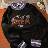 BaLuoShang潮牌搞怪小熊撞色圆领毛衣美式复古学院风男女针织衫情侣毛线衣冬毛衣