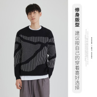 BaLuoShangUOOHE男士针织衫个性潮流竖条纹不规则定位提花毛衣男秋休闲上衣毛衣