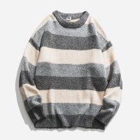 BaLuoShang格图力柔软毛衣男士宽松圆领套头宽条纹拼接原宿风日系毛线针织衫毛衣