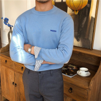 BaLuoShang鹿三先生日系休闲针织打底衫韩版日常个性圆领假两件长袖毛衣潮男毛衣