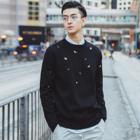 BaLuoShang圆领毛衣男2020秋冬新款国潮刺绣时尚套头衫男士加厚针织打底衫潮毛衣