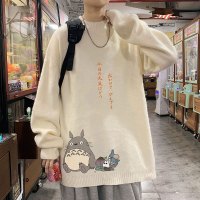 BaLuoShang冬季加绒加厚半高领毛衣男日系原宿风龙猫印花针织衫卡通中领线衣毛衣