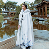 BaLuoShang汉服披风男加厚保暖双面呢中国风古风秋冬外套大毛领日常白色斗篷风衣