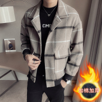 BaLuoShang冬季个性线条格子毛呢大衣男士潮牌宽松短款风衣潮流呢子加厚外套毛呢大衣
