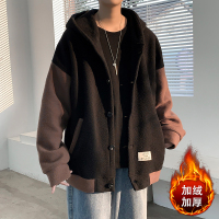 BaLuoShang日系胖子毛呢外套男高中生短款连帽呢子大衣秋冬宽松大码撞色上衣风衣