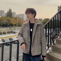 BaLuoShang格子长袖毛呢外套男秋冬季新款宽松休闲英伦韩版潮流bf风加厚大衣风衣