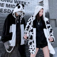 BaLuoShang情侣装冬季奶牛熊猫两面穿外套男女情侣款潮流牌宽松棉衣棉服大衣风衣