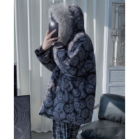 BaLuoShang暗黑冬季笑脸棉袄男宽松毛领派克羽绒棉服网红炸街情侣装棉衣嘻哈棉衣