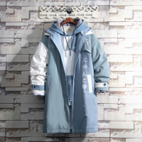BaLuoShang白糖玫瑰/20 猫咪蓝白拼色中长款棉衣外套男冬装加厚带帽棉服潮牌棉衣