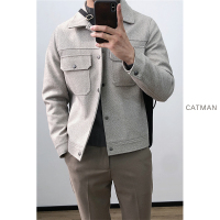 BaLuoShang猫男日记2020冬季韩版修身毛呢外套男上衣加厚夹棉翻领男炸街夹克毛呢大衣