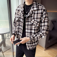 BaLuoShang毛呢大衣男韩版潮流格子外套男秋冬季呢子风衣男短款宽松帅气外衣毛呢大衣