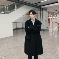 BaLuoShang20冬季情侣装中长款过膝毛呢大衣男韩版潮流宽松腰带呢子风衣外套毛呢大衣