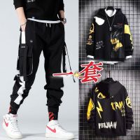 BaLuoShang黑暗系机能风男加绒工装裤套装男装一套搭配帅气冬装学生连帽卫衣卫衣