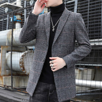 BaLuoShang2020新款韩版潮流男士中长款格子毛呢风衣外套青年呢子大衣秋冬装毛呢大衣