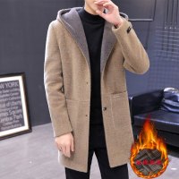 BaLuoShang冬季毛呢大衣男中长款韩版连帽呢子外套大学生加棉加厚仿貂绒风衣毛呢大衣