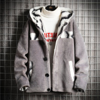 BaLuoShang男士秋冬季外套拼色青年加绒皮草大衣加厚一体潮流毛呢夹克潮毛呢大衣