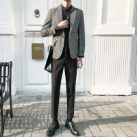 BaLuoShang男士休闲西装英伦风格子单西春秋季大衣韩版修身毛呢西服正装外套毛呢大衣