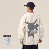 BaLuoShang男道冬季日系男士加绒皮卡丘印花圆领假两件卫衣宽松休闲外套潮牌卫衣