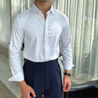 BaLuoShang鹿三先生秋季英伦韩版气质修身衬衣青年商务休闲纯色职业衬衫潮男衬衫