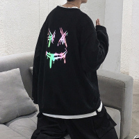 BaLuoShang反光笑脸印花欧美街头卫衣男加绒加厚潮流宽松大码长袖t恤秋冬季卫衣