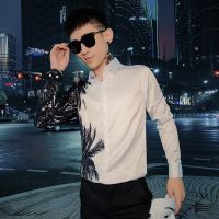 BaLuoShang长袖衬衫男修身拼色印花衬衣加绒精神小伙帅气韩版休闲发型师上衣衬衫