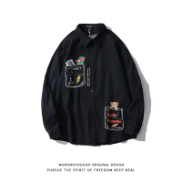 BaLuoShang日系复古学院风印花长袖衬衣男潮牌宽松情侣休闲衬衫外套衬衫