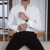 BaLuoShang鹿三先生英伦意式男装商务修身长袖衬衫韩版免烫温莎领法式扣衬衣衬衫