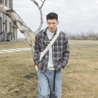 BaLuoShang吕小虎日系复古磨毛格子衬衫男长袖外套秋季潮流衬衣宽松男士上衣衬衫