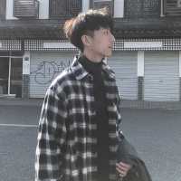 BaLuoShang秋季新款衬衫男士韩版潮流宽松格子衬衣港风外套帅气男装长袖上衣衬衫