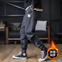 BaLuoShang冬季加绒拼接牛仔裤男士加肥加大码日系潮胖子束脚裤宽松长裤保暖牛仔裤