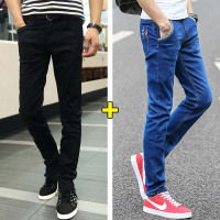 BaLuoShang秋冬款潮牌长裤子男士牛仔裤韩版修身弹力小脚裤加绒加厚直筒潮流牛仔裤