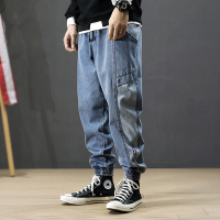 BaLuoShang秋冬款黑色牛仔裤男士撞色拼接束脚裤大码胖子男生潮牌哈伦长裤子牛仔裤