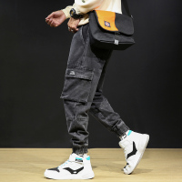 BaLuoShang秋季潮牌多口袋工装牛仔裤男束脚裤宽松大码小脚长裤哈伦裤百搭潮牛仔裤