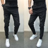 BaLuoShang冬季社会小伙补丁深色牛仔裤时尚百搭潮男束脚裤快手网红高迪潮裤牛仔裤