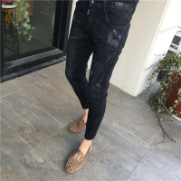 BaLuoShang韩版潮流社会精神小伙紧身九分网红黑色复古牛仔裤男修身小脚休闲牛仔裤