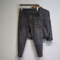 BaLuoShang微跨潮牌个性水洗复古弹力牛仔九分裤男秋冬新款黑灰色做旧小脚裤牛仔裤